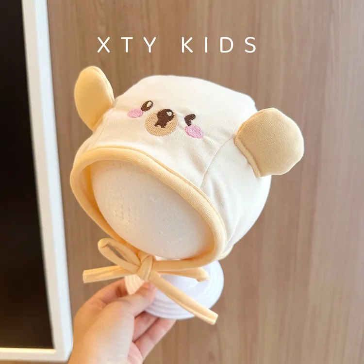 新生儿秋冬蝴蝶结套头帽0-6月男女宝婴幼儿护囟门胎帽包头帽胎帽3