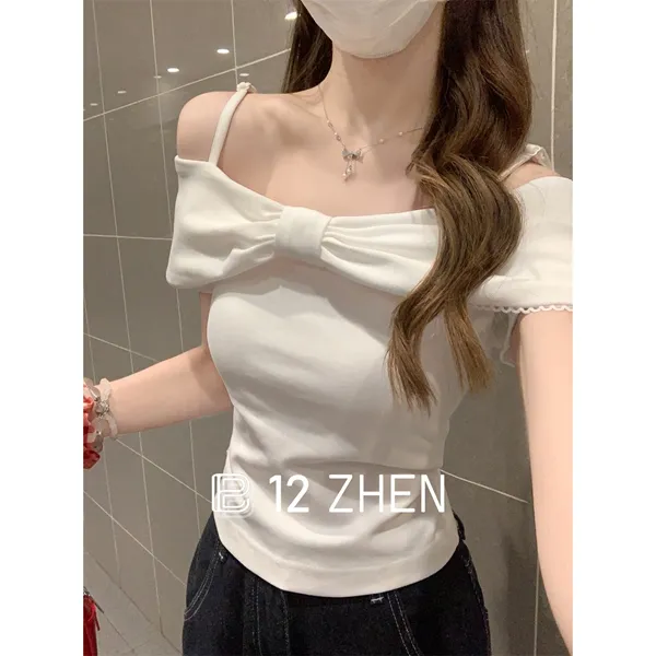 2025夏季韩版纯欲一字领蝴蝶结带肩带显瘦设计感短袖T恤上衣女