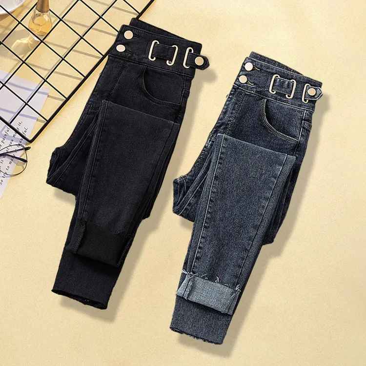 深色高腰显瘦牛仔裤女2025秋冬新款胖妹妹时尚紧身毛边小脚铅笔裤