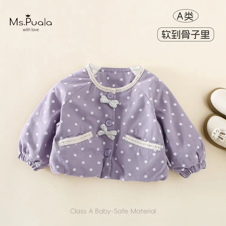 【MsPuala芋泥波波】婴幼儿童装外套女冬款蝴蝶结加绒波点棉衣棉服