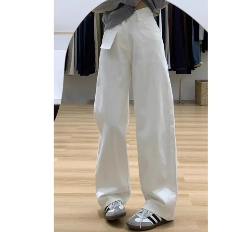 白色窄版阔腿牛仔裤女春秋2025新款高腰宽松垂感拖地小个子直筒裤