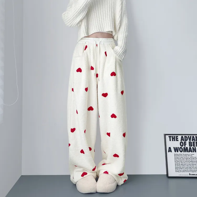 加绒加厚保暖毛毛裤冬季女大码爱心印花香蕉毛巾裤胖mm显瘦阔腿裤