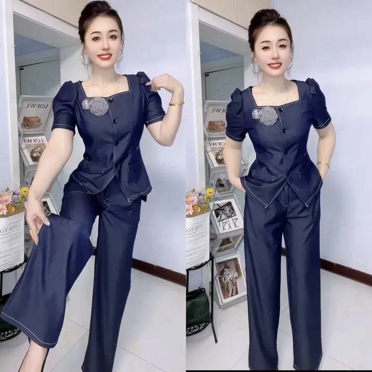 夏季复古方领收腰修身短袖上衣搭配直筒长裤套装