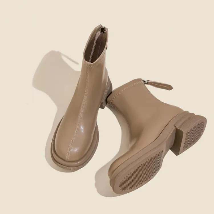 时尚马丁靴春秋厚底瘦瘦靴百搭粗跟加绒单靴弹力英伦风圆头小短靴