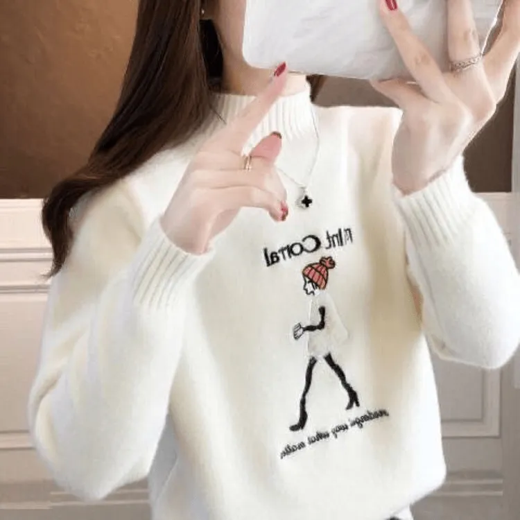 2024秋冬毛衣少女半高领学生高中初中生百搭加厚水貂绒套头打底衫