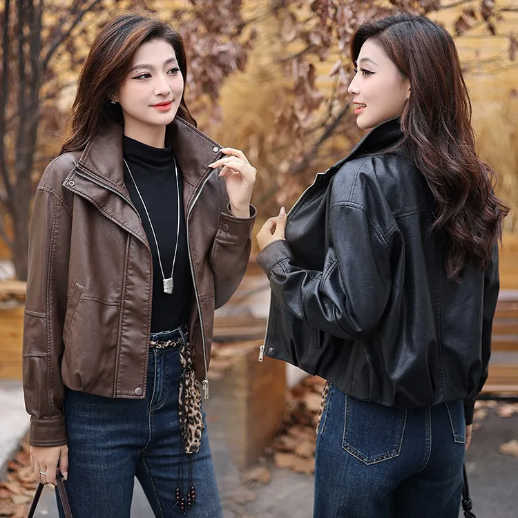 短款落肩袖常规款复古港风皮衣外套皮夹克休闲