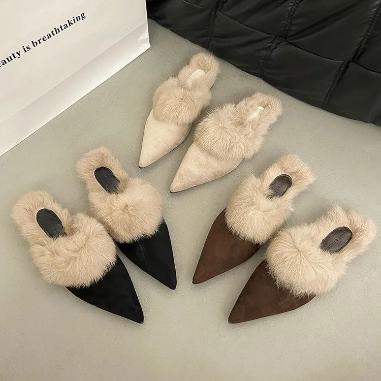 尖头毛毛粗跟2025秋冬新款包头冬季时尚毛毛粗跟棉拖鞋女鞋