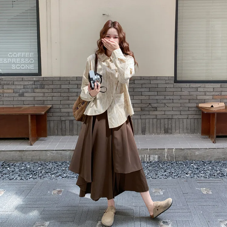 不规则设计感衬衫半身裙2025春秋新款复古美拉德文艺范老钱风套装