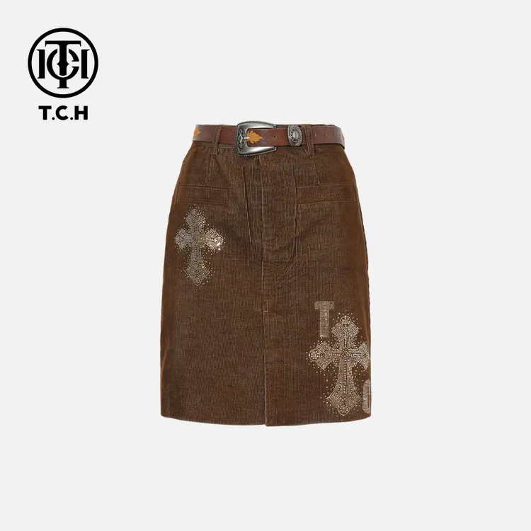 TCH私服秋款时尚休闲风烫钻淑女棕色半身裙T75C22E1032轻奢tch