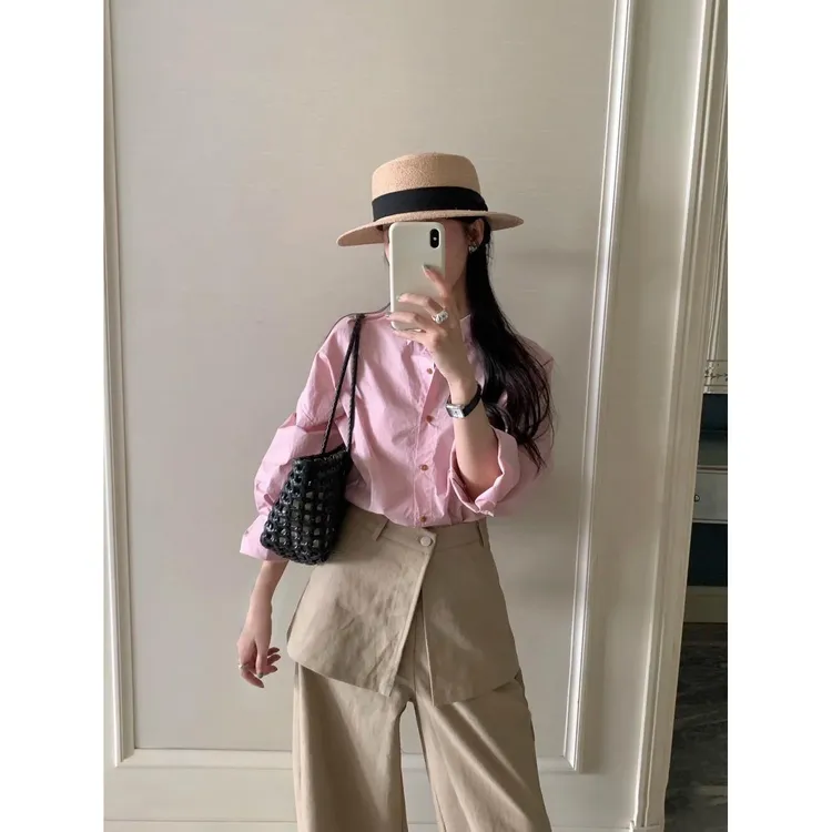 法式粉色长袖衬衫女2025秋季休闲百搭叠穿甜美衬衣搭屁帘阔腿裤女