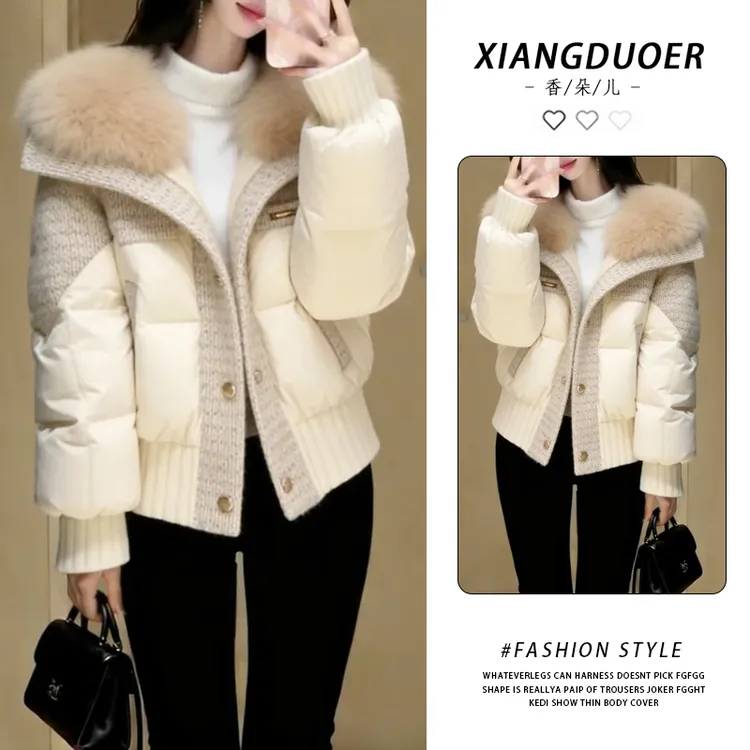 韩式潮流大毛领棉服女2026冬针织拼接柔糯蓬松短款日常通勤保暖