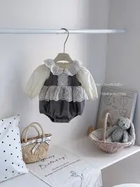 三小朵2649【简致】婴幼儿女童宝宝秋款韩系高级灰蕾丝包屁套装哈衣