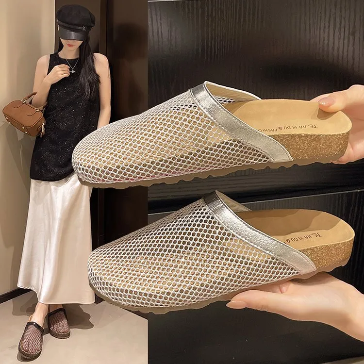 仙女风镂空透气包头厚底网面半拖鞋女夏2025懒人拖女鞋外穿凉拖女