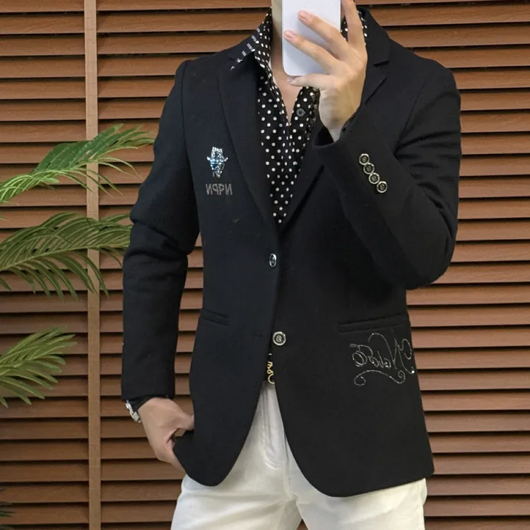 西服上装常规款烫钻修身轻奢潮流长袖标准提花秋季男士时尚休闲