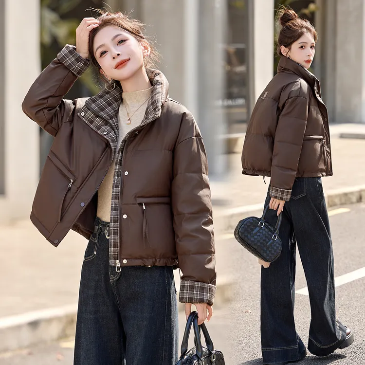 洋气格纹立领PU皮面羽绒服女2025冬季新款鸭绒保暖皮衣短款外套