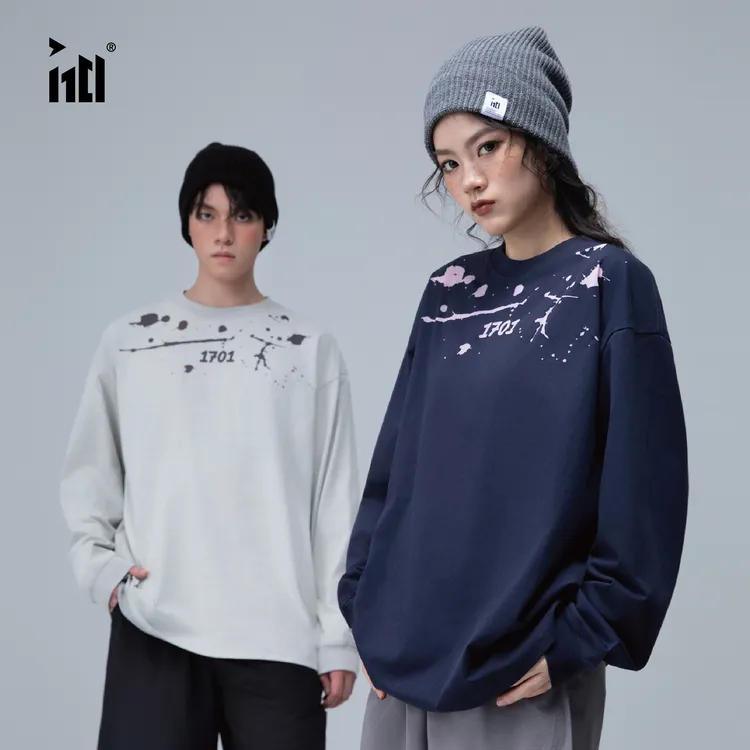 1701烧花工艺长袖T恤秋季新品仿泼墨字母撞色打底美式街头男