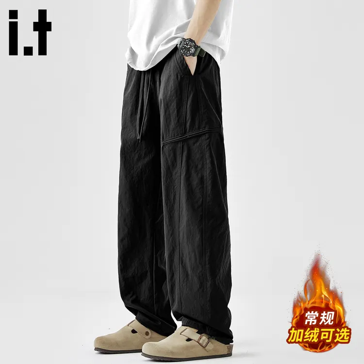 it :CHOCOOLATE黑色加绒保暖休闲裤男冬季宽松直筒户外美式工装裤