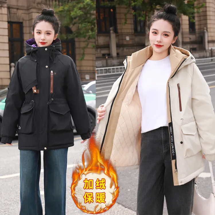 加绒棉服外套女显瘦大码200斤加厚棉衣休闲工装夹克冬天派克服
