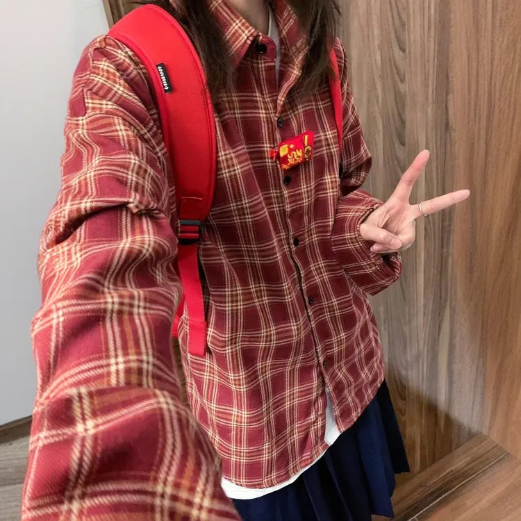 300斤胖mm日系复古酒红色格子衬衫女韩版宽松休闲百搭遮肚子衬衣