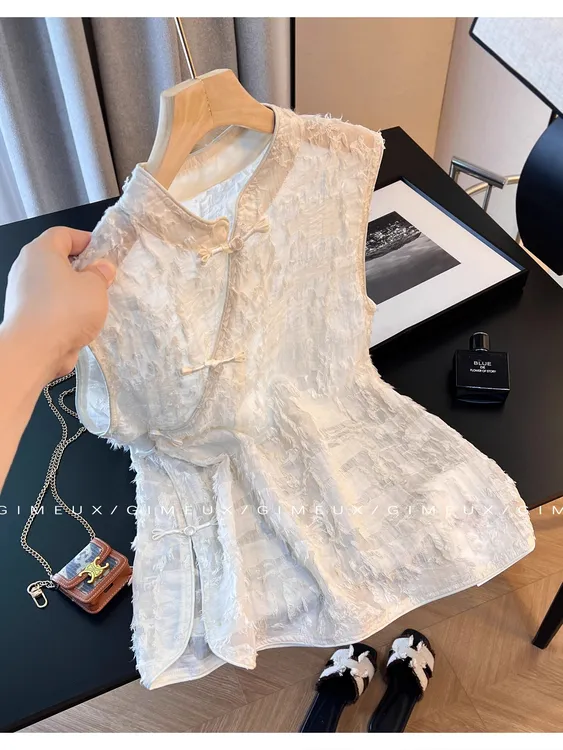 新中式提花斜襟盘扣无袖衬衫女装夏季松弛感复古休闲马甲背心上衣