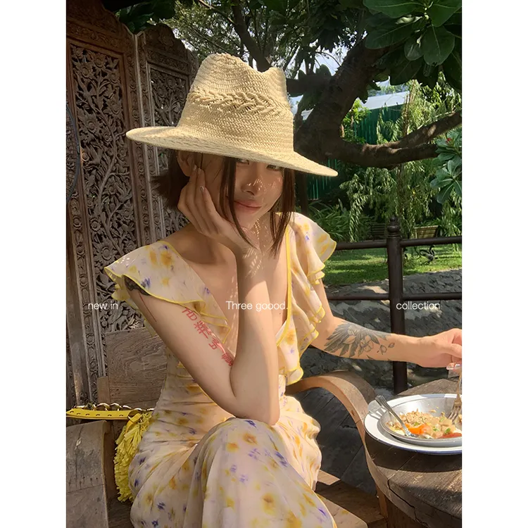 THREE GOOOD/三吉夏季多巴胺生如夏花法式雪纺印花荷叶边连衣裙