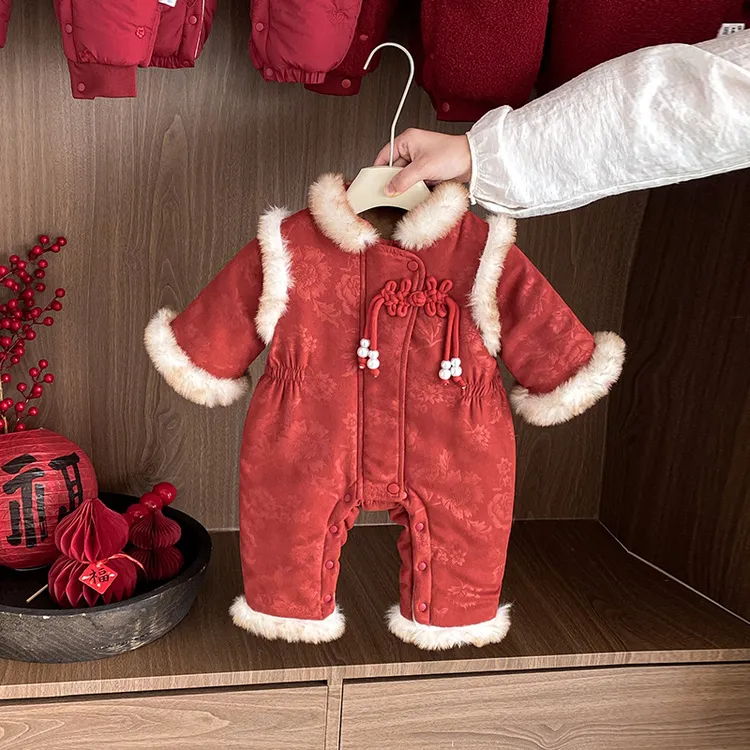 婴儿新年装连体衣冬装过年衣服男女宝宝满月百天周岁礼服喜庆冬季