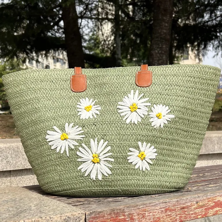 夏季简约时尚草编包大容量单肩托特包休闲百搭沙滩风小雏菊包包