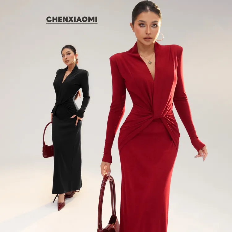 【蜜蜜家】装睡情人 欧美辣妹收腰修身带垫肩连衣裙长裙 25/Y778