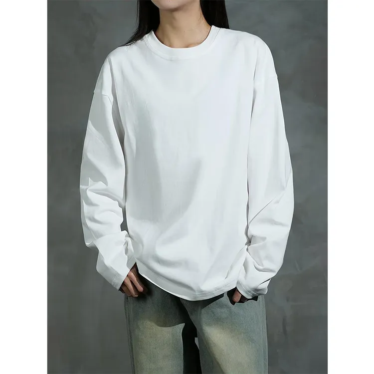 230g重磅美式长袖t恤男秋季纯棉硬挺正肩圆领上衣白色内搭打底衫