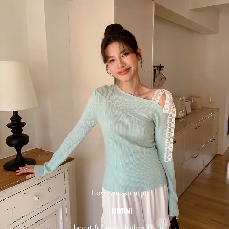 春款上新！法式浪漫斜肩水溶花系带针织衫（含6%羊毛）  D6