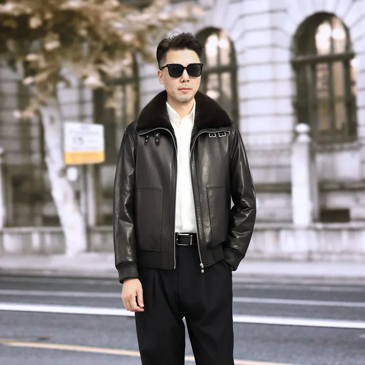 shouwang/兽王翻领水貂内胆短款标准冬季皮衣休闲时尚真皮男款