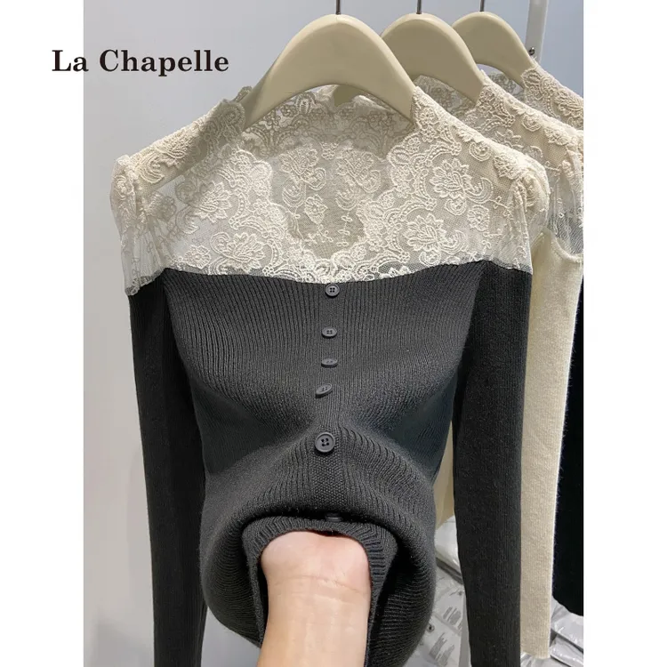 拉夏贝尔纯欲蕾丝拼接长袖针织衫女秋冬小香风内搭巨好看打底上衣