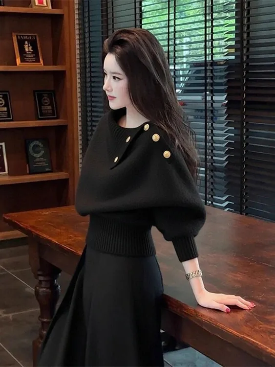 美拉德黑色轻熟风翻领毛衣女秋冬高级感慵懒老钱风针织衫内搭上衣