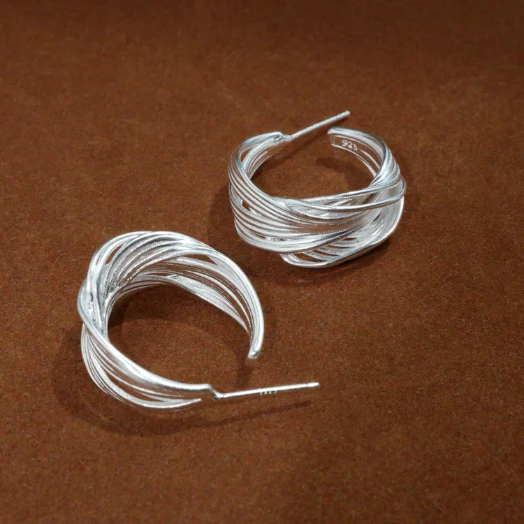 铜合金耳饰 几何形圈圈银色白磨砂不规则线条高级感百搭简约耳饰