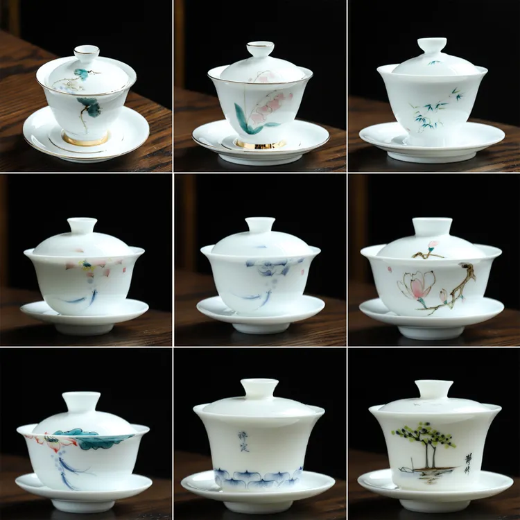 凌胜手绘盖碗陶瓷功夫茶具大号泡茶碗杯白瓷敬三才杯盖碗单个家用