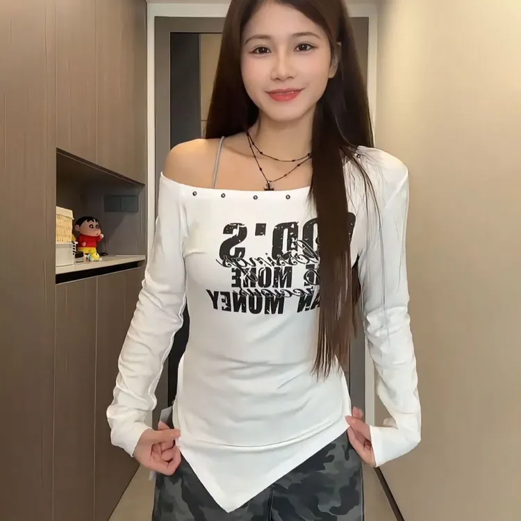 美式辣妹不规则绑带长袖t恤女2025春秋新款外穿修身显瘦露长袖辉