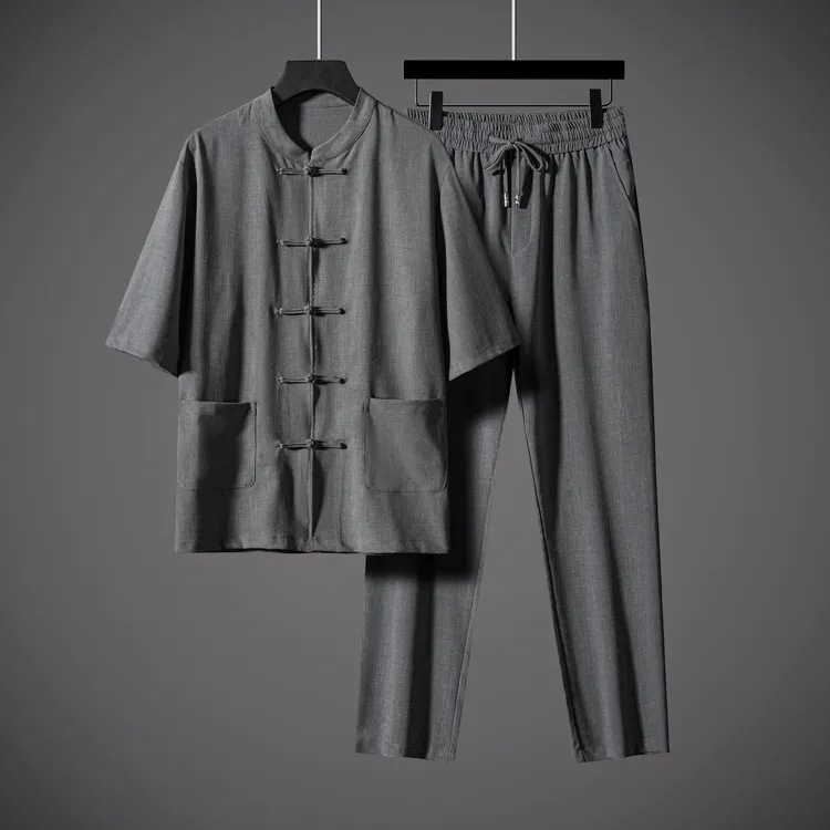 新中式夏季薄款中国风男士短袖复古天丝亚麻轻奢茶服大码休闲套装
