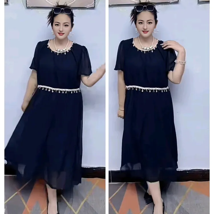 A字裙少女风纱料款式圆领修身宽松显瘦纯色拼接连衣裙