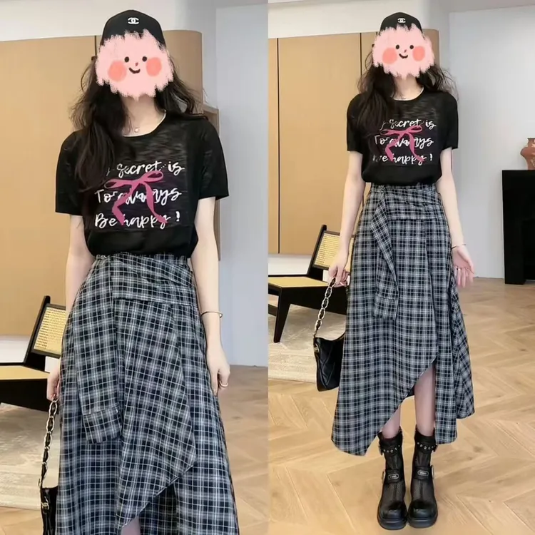 夏季字母印花轻薄微透短袖洋气T恤上衣显瘦百搭不规则半身裙套装