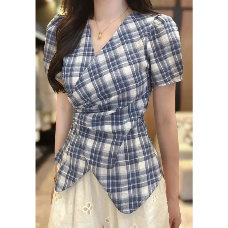 法式复古撞色格子V领短袖衬衣女夏季新款收腰绑带修身显瘦上衣潮