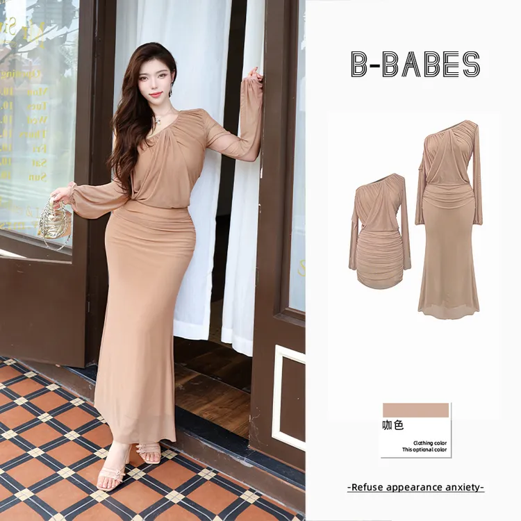 B-babes【流金日月】设计感不对称露肩款长袖连衣裙秋季显瘦收腰裙
