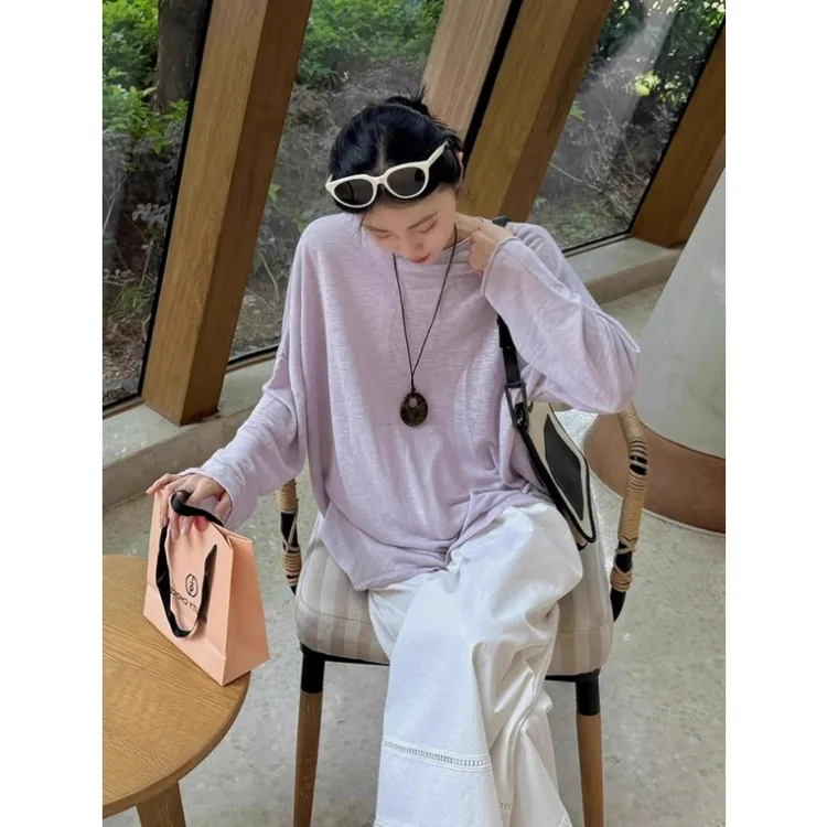 紫色亚麻长袖t恤防晒罩衫女2025新款初秋薄款空调衫慵懒宽松上衣