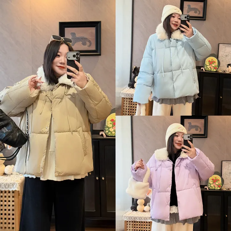 花契“巴黎落日”大码女装冬季宽松200斤胖mm毛茸茸加厚棉服18282-H