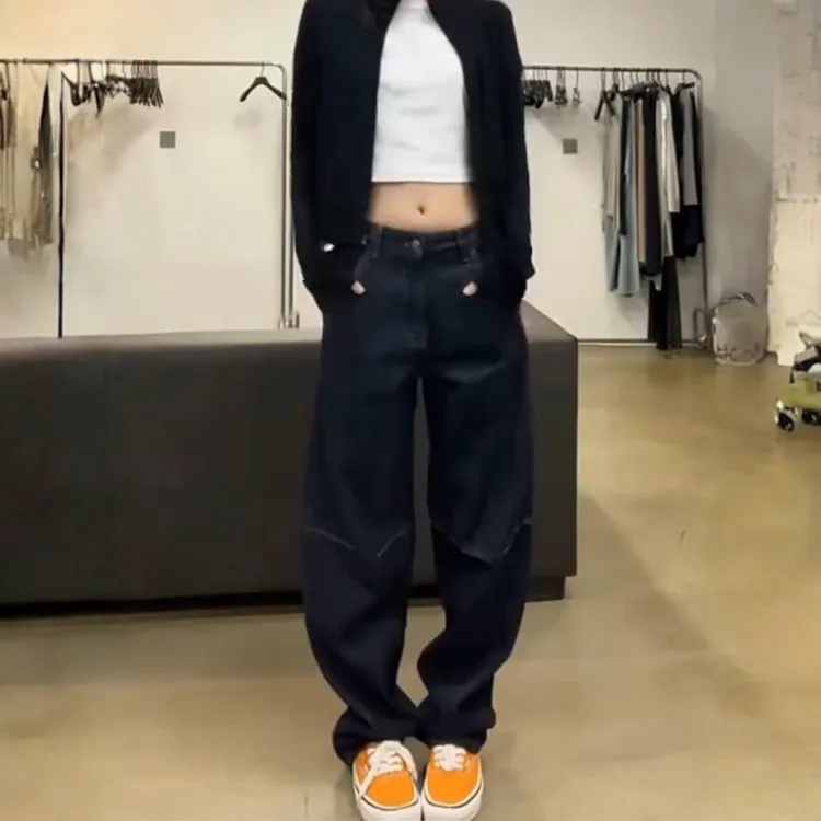 欧货窄版直筒牛仔裤女2025秋季新款高腰宽松显瘦时尚百搭拖地长裤