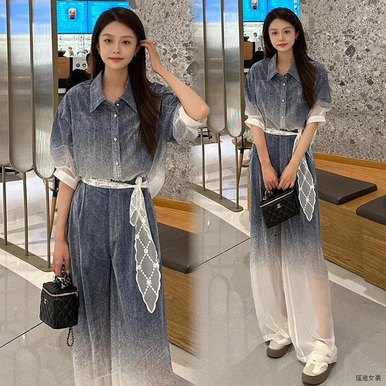 夏日时尚新款独具个性设计感女士短袖上衣搭阔腿裤塑造魅力气质风