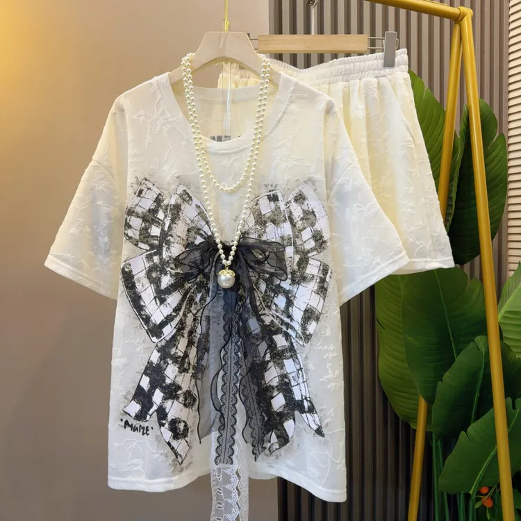 美式时尚蕾丝蝴蝶结洋气宽松显瘦爆款套装休闲