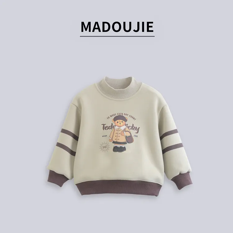 麻豆街【小熊卫衣】新款中大童加绒宽松休闲袖子两条杠卫衣MD511