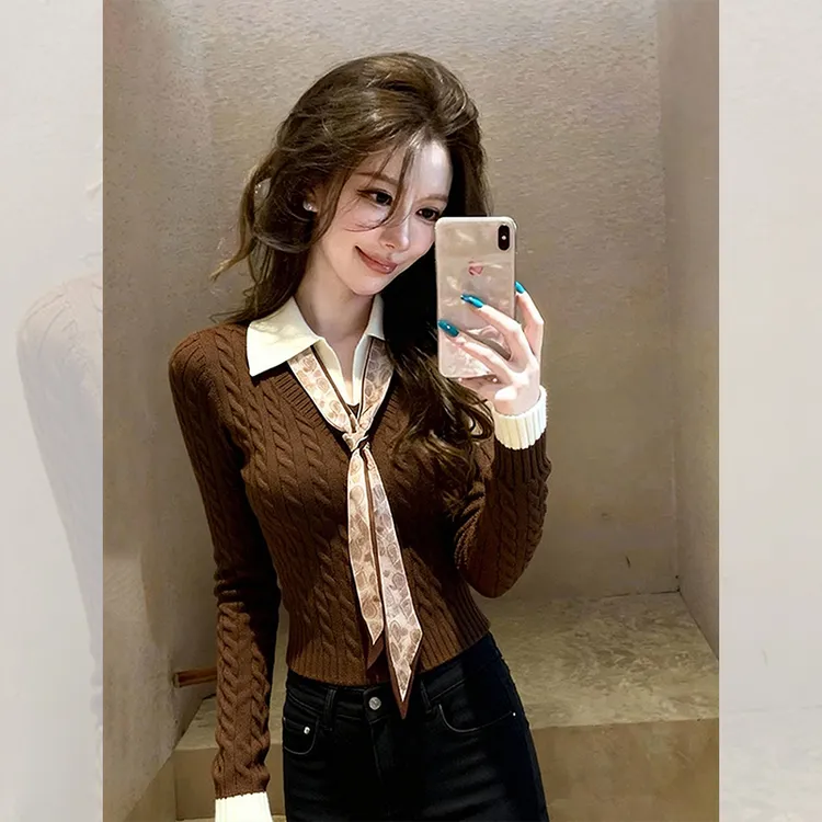 别致独特漂亮咖色翻领小衫女装秋冬季洋气高贵假两件针织衫上衣服