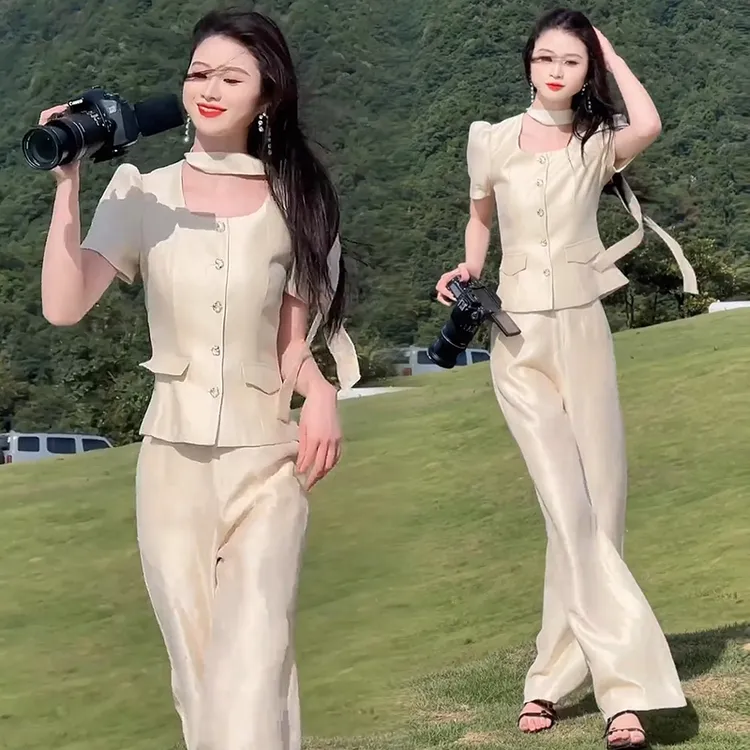 时尚气质套装女2025夏季新款洋气优雅显瘦短袖上衣阔腿裤两件套潮