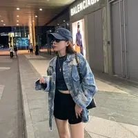 重工破洞牛仔外套女春季新款韩版设计感小众宽松大版型垫肩夹克潮